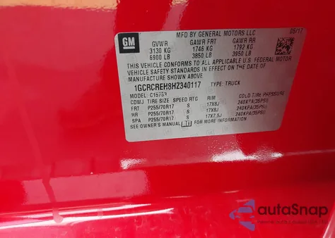 2017 Chevrolet Silverado 1500 1Lt из США, поврежденный, VIN 1GCRCREH8HZ340117